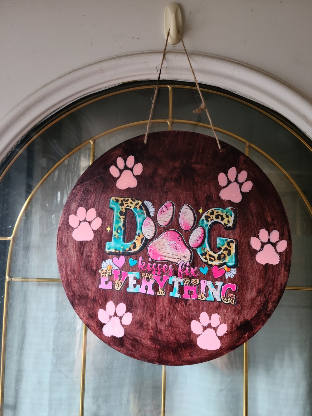 Round Pink Paw Print Dog Wall Sign - Charming Pet Decor